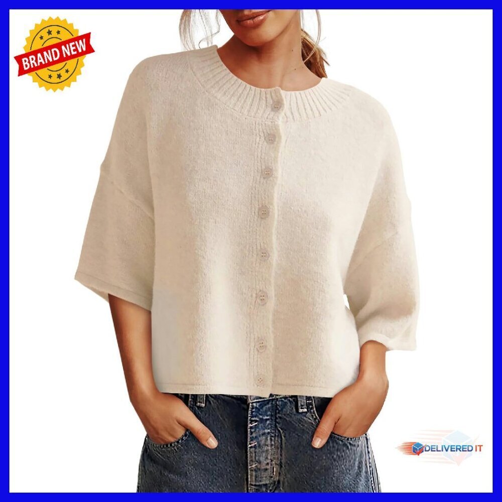 3/4 Sleeve Cropped Cardigan Sweater Button Down Crewneck Knit Top - Picture 1 of 8